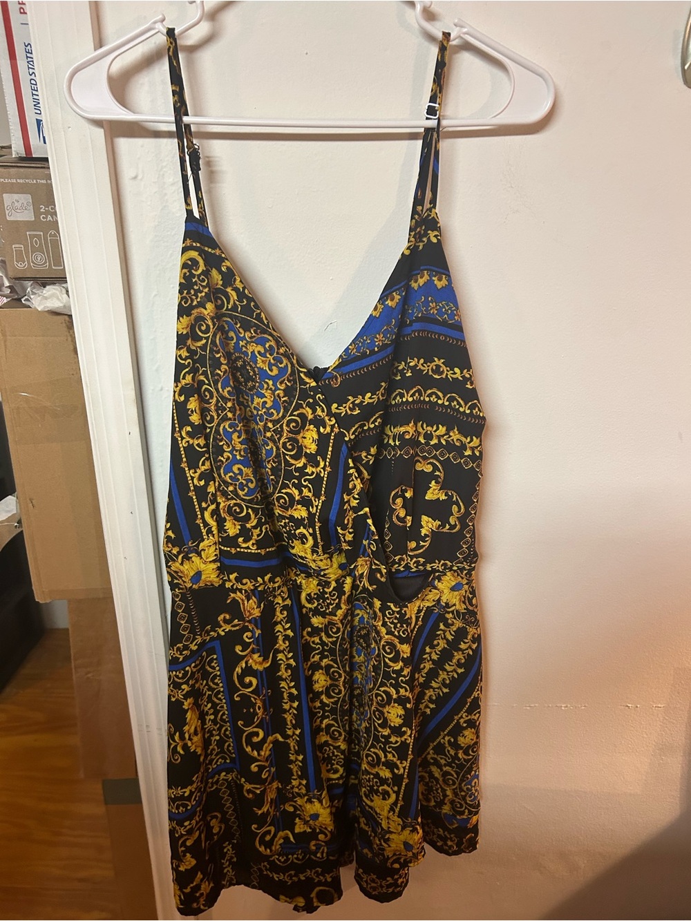 Black Scarf-Print Spaghetti-Strap Belted Romper with Yellow and Blue Accents